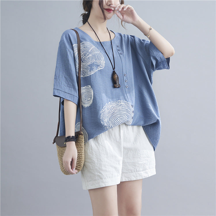 Women Irregular Print Casual Loose T-Shirt