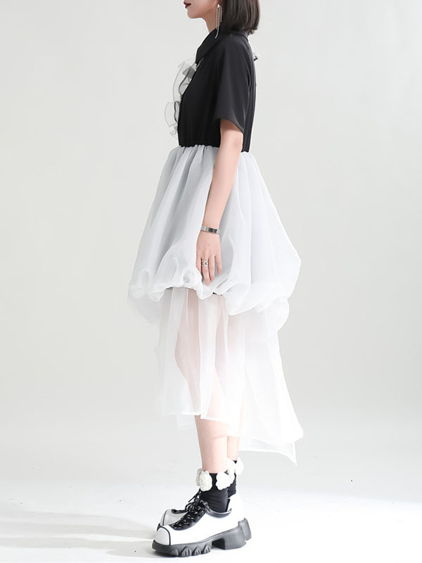 False Two High-Low Gauze Split-Joint Lapel Midi Dresses