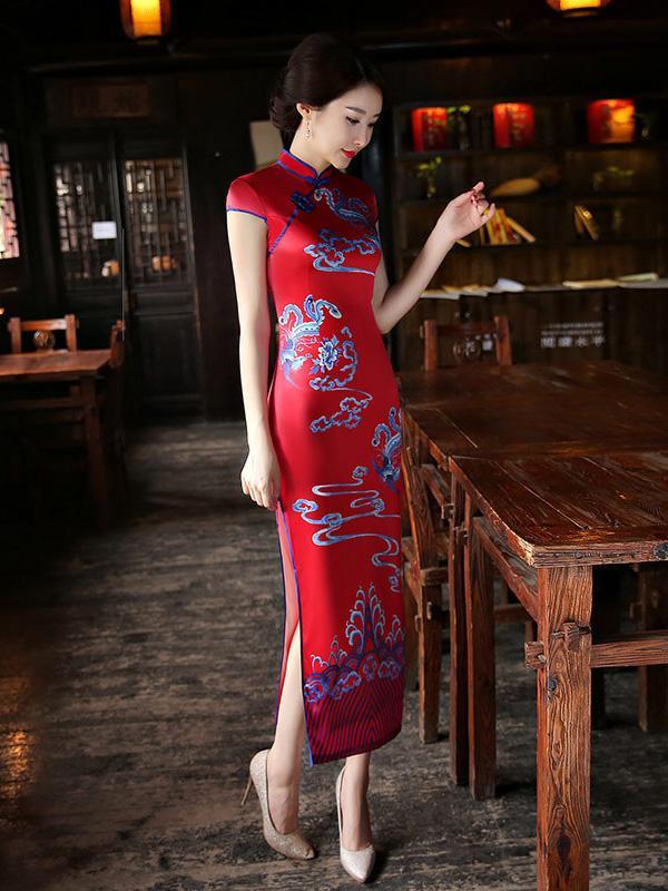 Red Split-side Printed Long Cheongsam