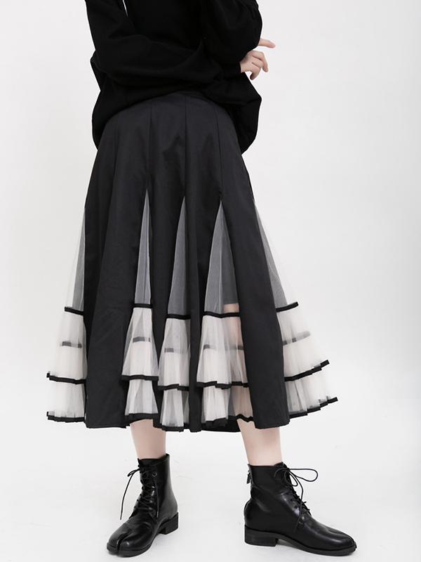 High-Rise Mesh Lace Pleated Skirt