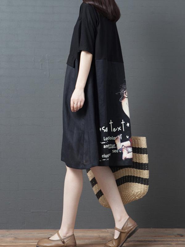 Loose Print Splicing Round-Neck Dress