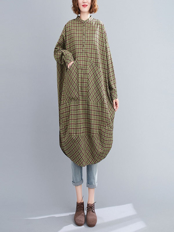 Loose Stand Collar Plaid Midi Dress