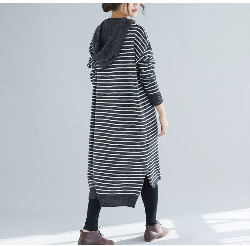 Women Loose Striped Lace Up Hooded Dress