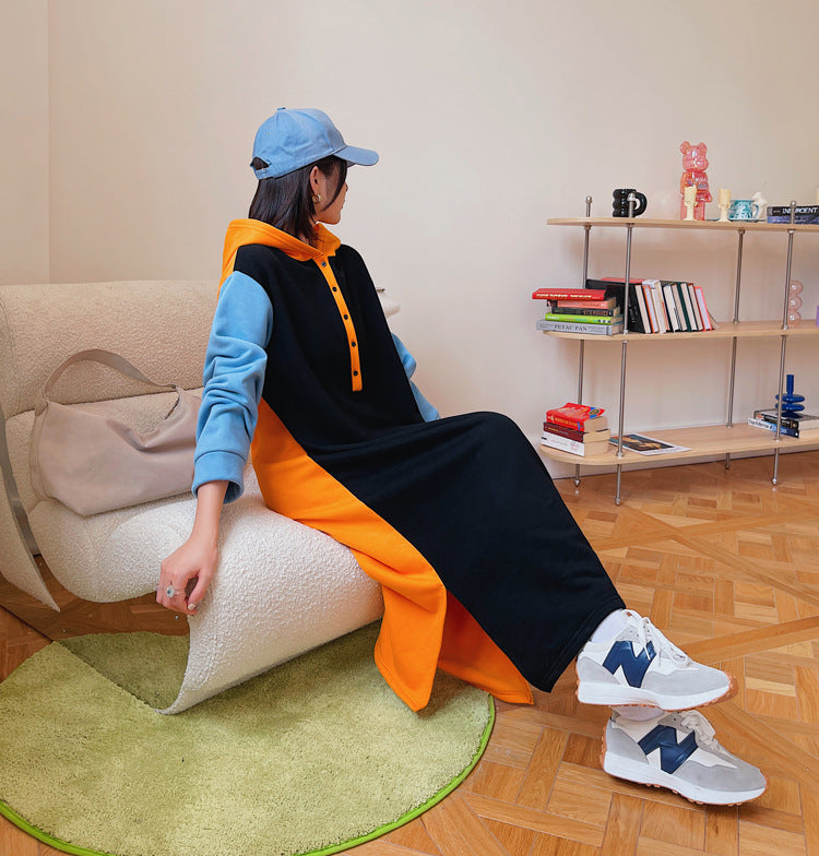 Loose Plus Size Contrast Color Hooded Midi Dress