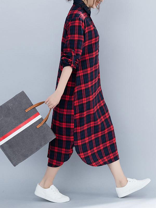 Loose Plaid Split-Joint Shirt Dress