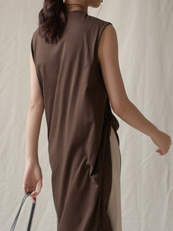 Irregular Slimming Round Neck Solid Color Dress