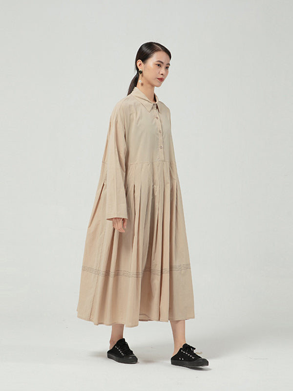 Solid Color Long Sleeve Pleated Maxi Dress