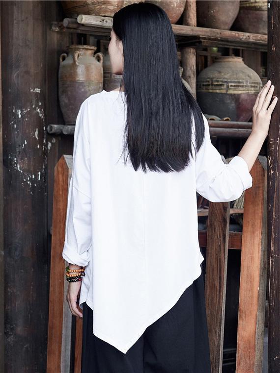 White&Gray Cropped Round-neck Ramie Cotton T-shirt