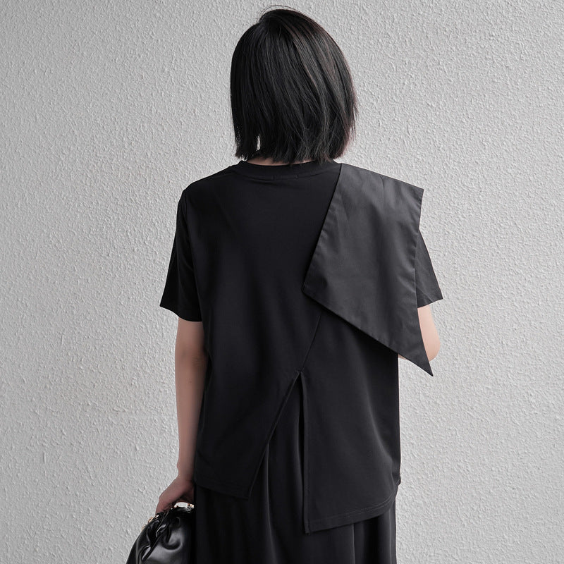 Round Neck Solid Color Irregular Split T-Shirt
