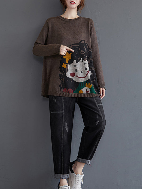 Women Retro Print Loose Sweater