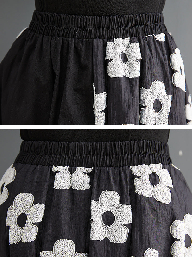 Embroidery Splicing Elastic High Waist A-Line Skirt