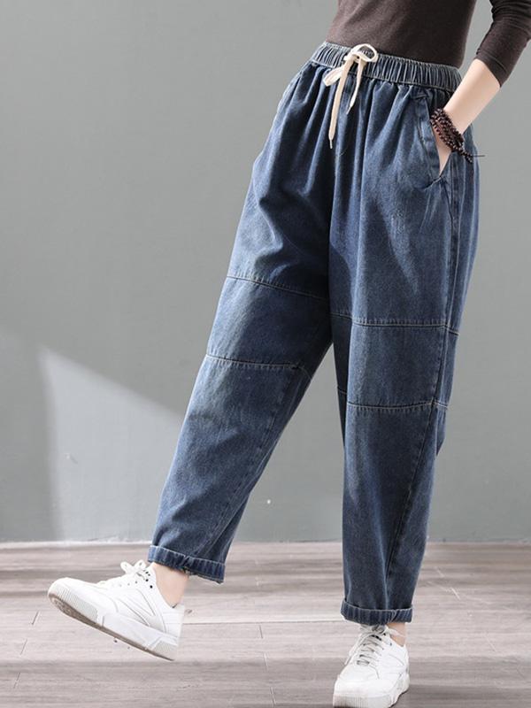 Vintage Splicing Elastic Waist Jean Harem Pants