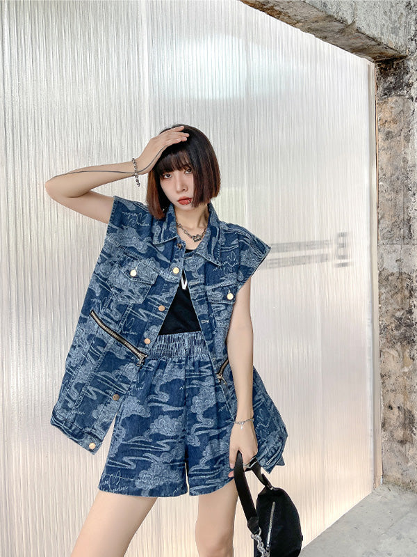 Casual Denim Loose Sleeveless Suit