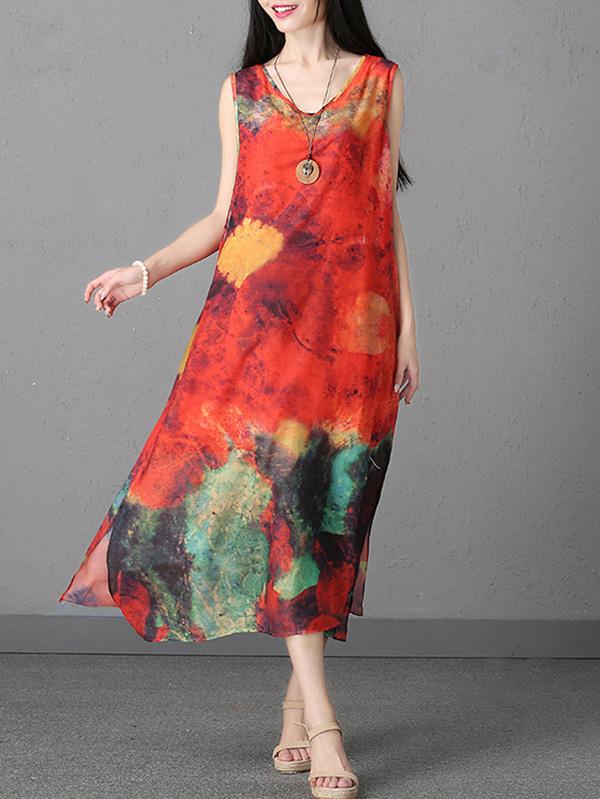 Chiffon Printed Sleeveless Split-side Long Dress