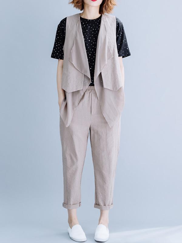 Two-Pieces Striped Cropped Vest And Harem Pants Suits