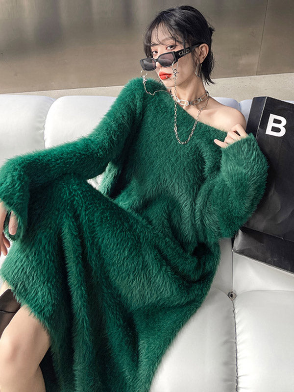 Original Pure Color V-Neck Long Sleeves Sweater Dress