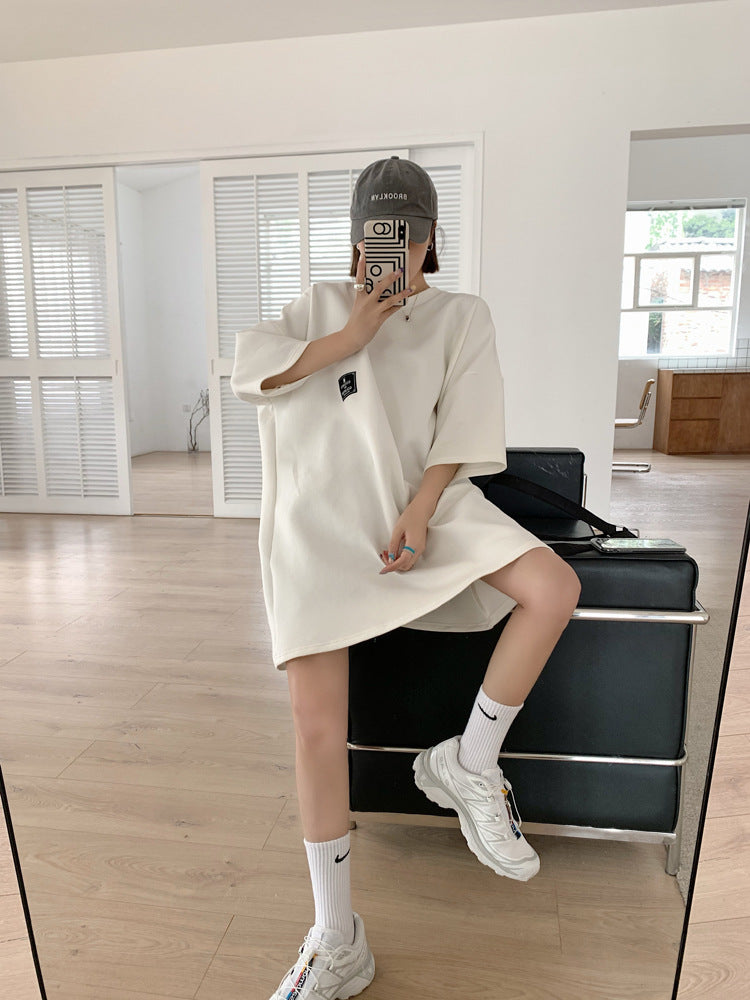 Printed Half Sleeves Loose Round Neck T-shirt Dress