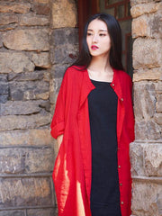 Soft Red Ramie Cotton Linen Cover-up Cardigan