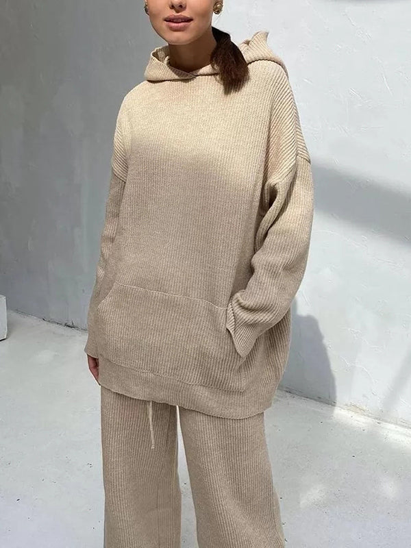 Loose Solid Color Round-Neck Hooded Long Sleeves Sweater Top + Drawstring Pants Bottom Two Pieces Set