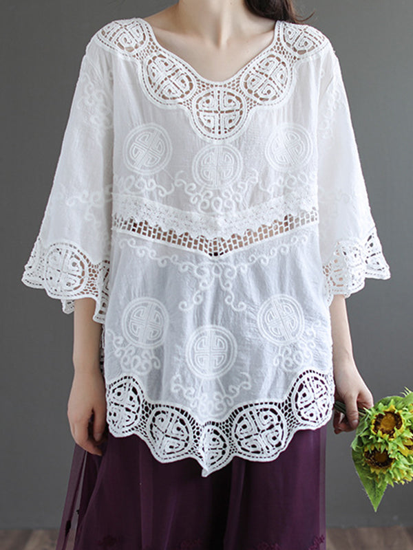 Round Neck Embroidered Hollow Half Sleeves Blouse