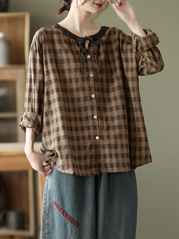 Casual Round Neck Long Sleeve Plaid Shirt