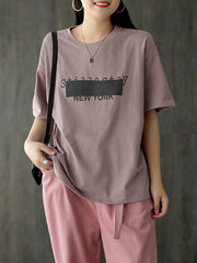 Loose Lettered Printed Round Neck T-Shirt