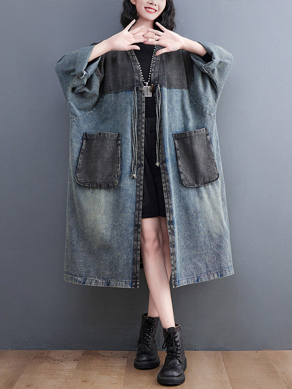 Artistic Retro Denim Long Sleeves Loose Tied Split-Joint Trench Outerwear