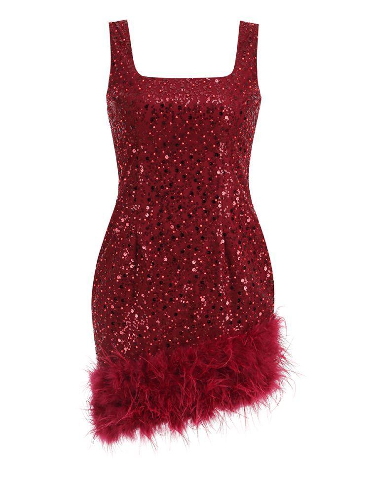 Araluen Sequin Feather Mini Dress In Wine