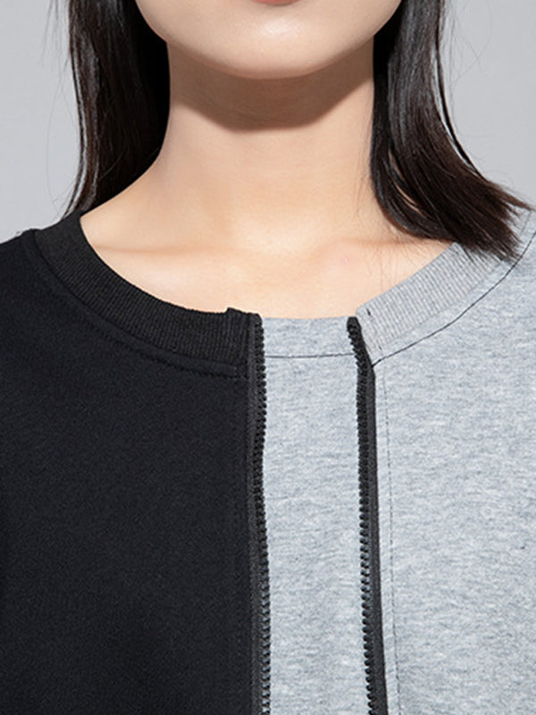 Casual Roomy Long Sleeves Contrast Color Split-Joint Zipper Round-Neck Sweatshirt Tops