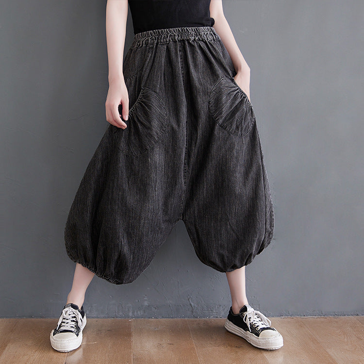 Solid Color Loose Elastic Waistband Pants