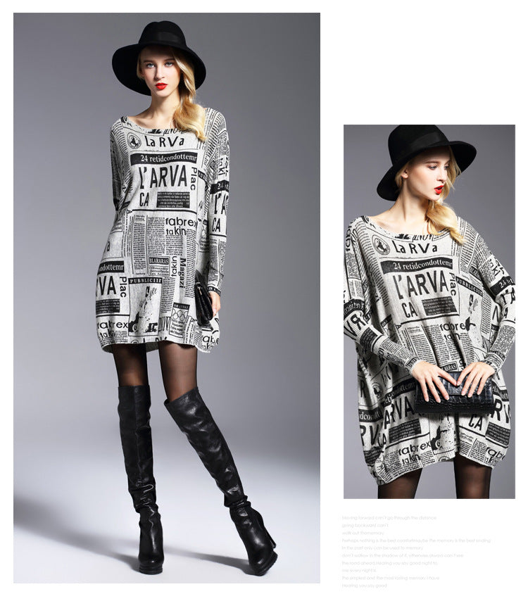 Loose Newspaper Printed Knitted Sweater