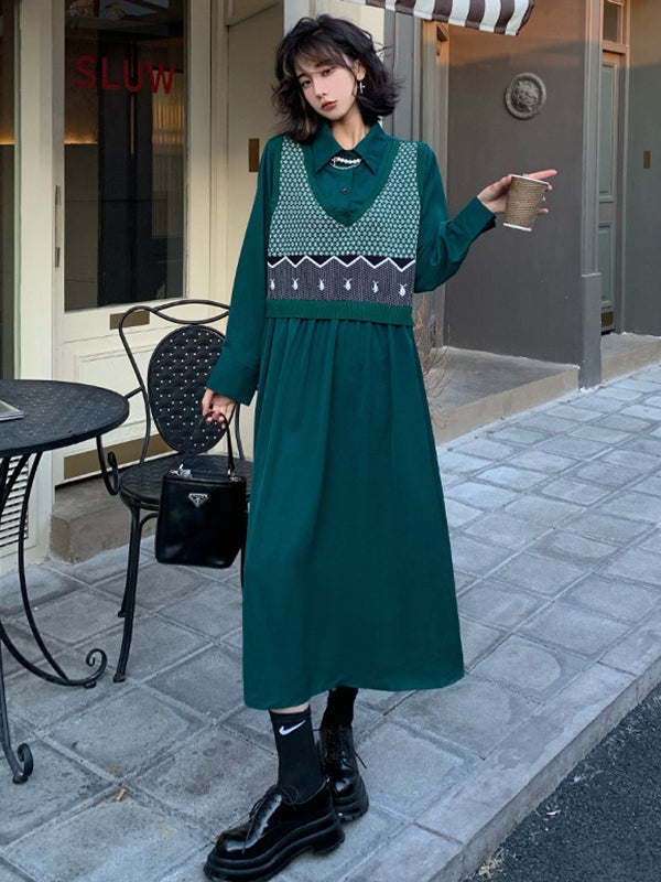 Urban Knitting Vest Split-Joint False Two Midi Dress
