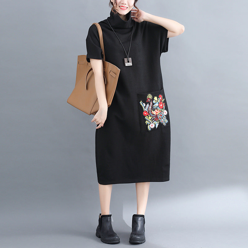 Retro Embroidered High Neck A-Line Midi Dress