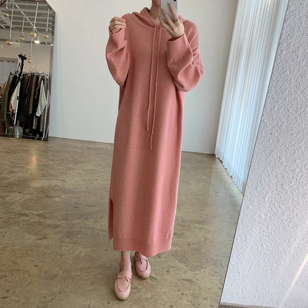 Loose Solid Knitted Split Hooded Midi Dress