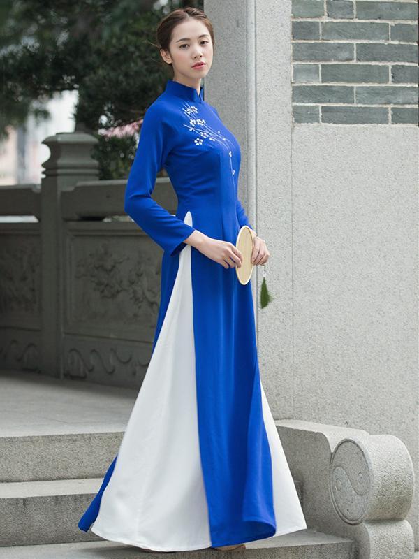 Tradition Blue Long Cheongsam Ao Dai