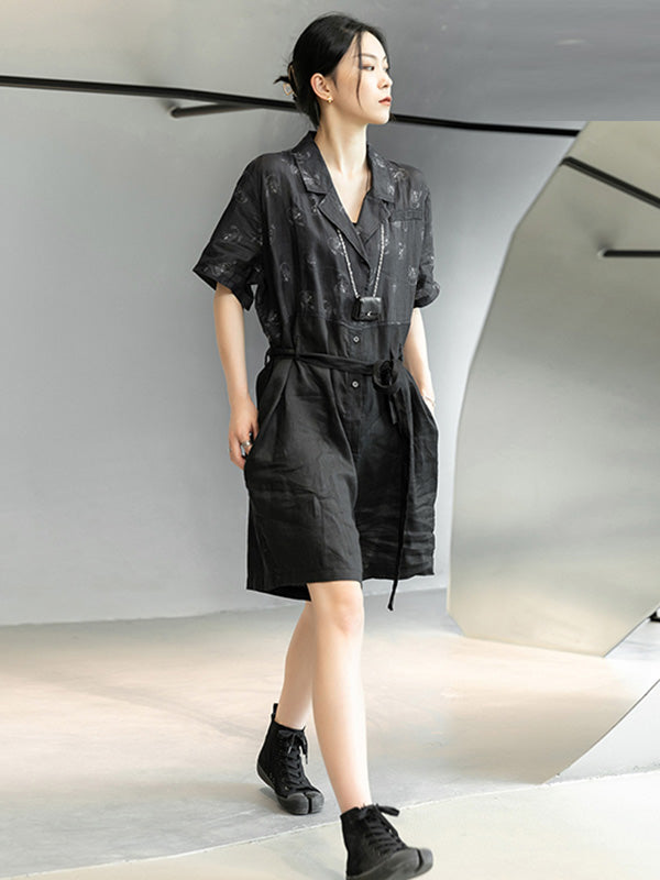 Urban Black Linen Stamped Notched Collar Rompers