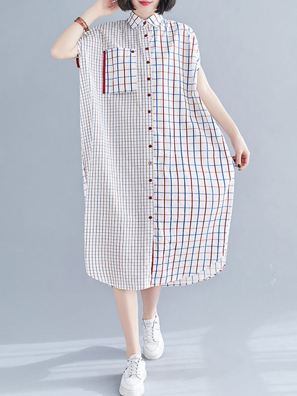 Loose Contrast Plaid Short Sleeve Dress