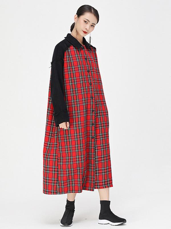 Casual Plaid Split-Joint  Long Shirt Dress