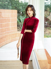 Vintage Stand Up Collar Black Seven Part Sleeve Cheongsam Maxi Dress