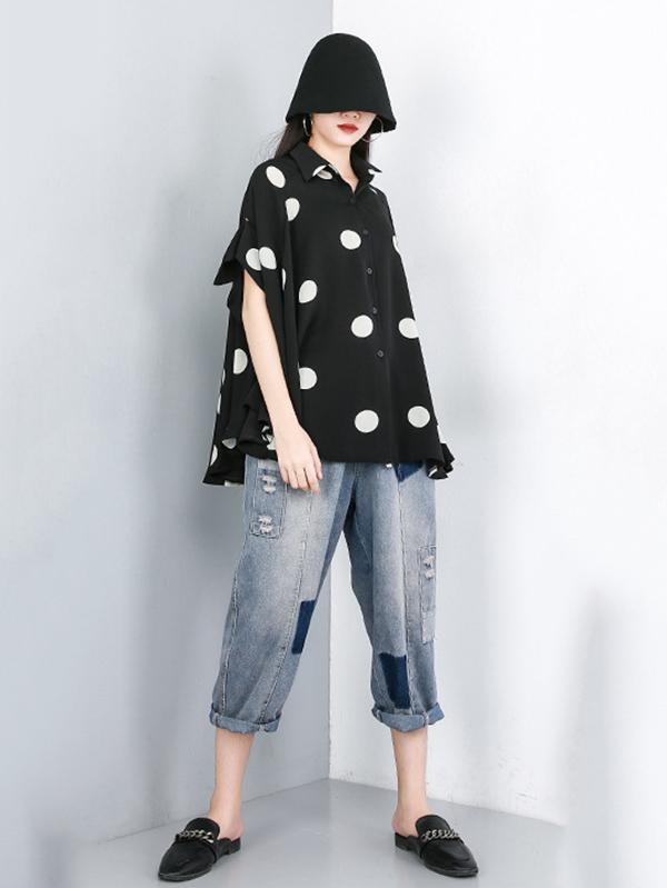 Polka-Dot Lapel Batwing Sleeve Blouse