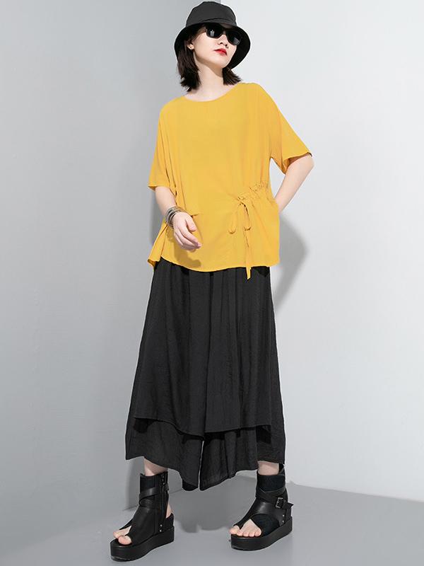 Simple Split-Joint Solid Lace-Up T-Shirt