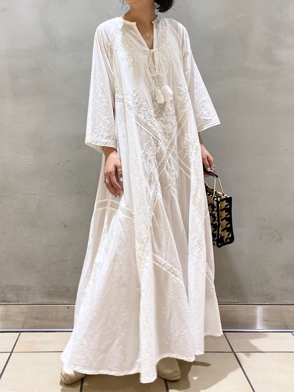 V-neck Solid Color Hollow Loose Casual Dress