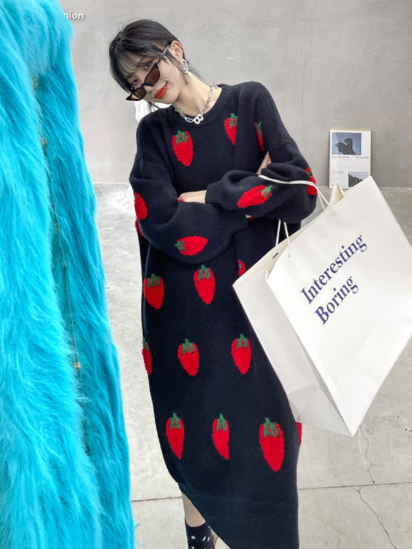 Loose Strawberry Jacquard Knit Midi Dress