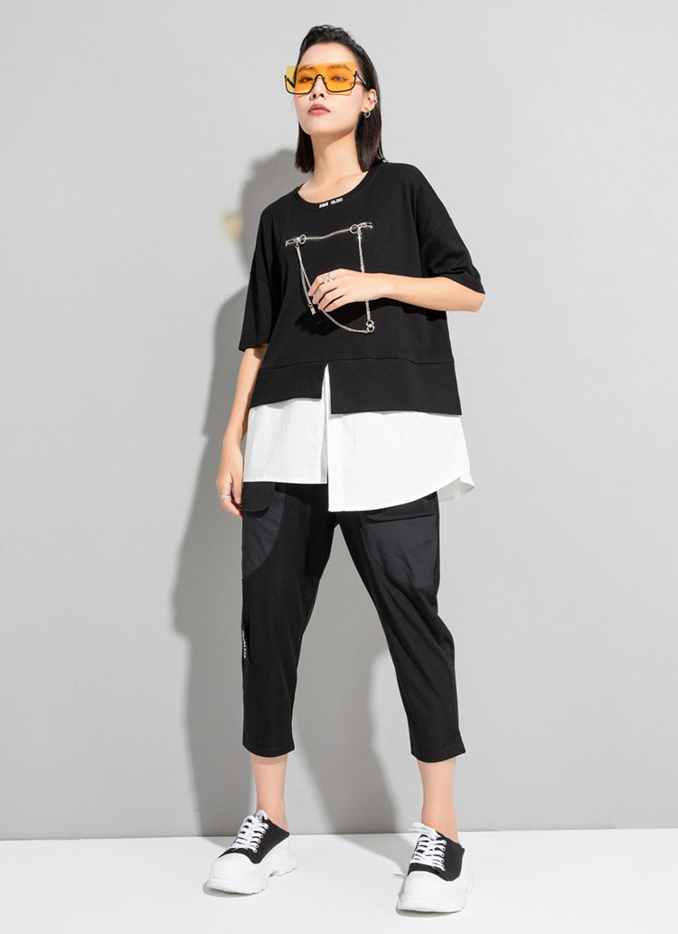 Simple Irregular Solid Splicing False Two T-Shirt
