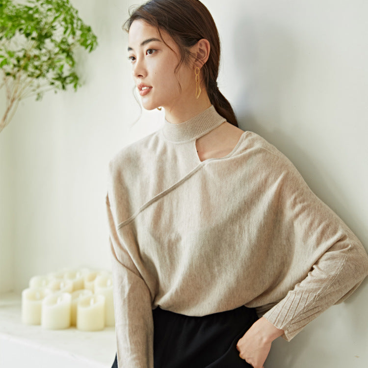 Half High Neck Thin Off-Shoulder Pullover Loose Bottoming Sweater