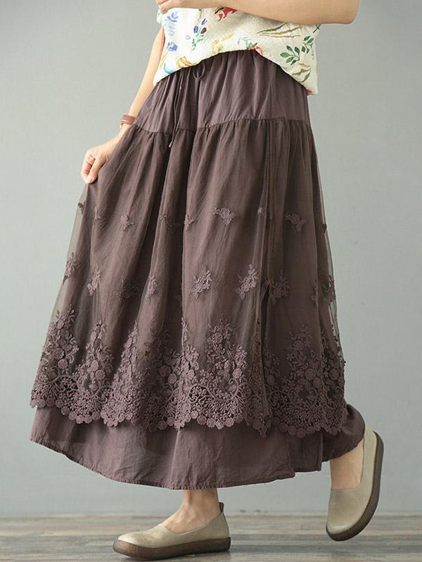 Loose Tiered Gauze Embroidered Lace Skirt