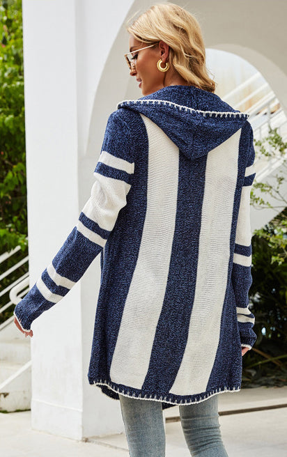 Striped Contrast Color Hooded Irregular Knit Sweater Outwear