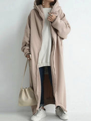 Urban Hooded Solid Color Zipper Batwing Sleeve Long Outerwear