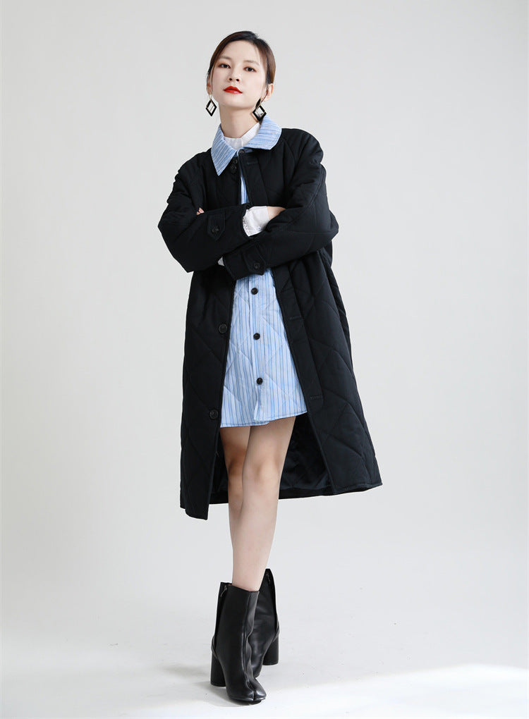 Retro Splicing Lapel Collar Midi Cotton Outwear