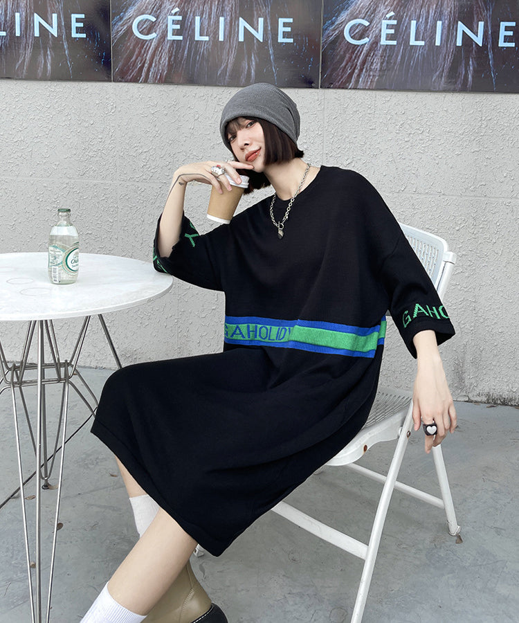 Loose Jacquard Letters Casual Knit Midi Dress